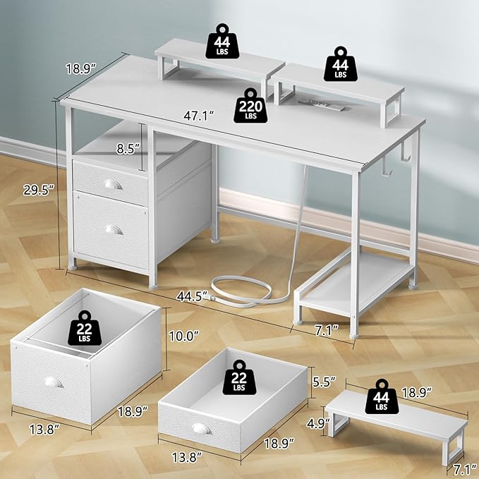 Furologee 47 Inch Computer Desk with Power Outlet Home Office Desk with Monitor Stand File Drawers Cabinet CPU Stand &amp Hooks Writing Table for Bedroom Study Work White