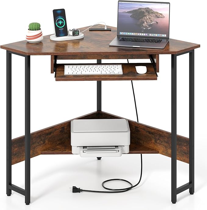 GOFLAME Corner Desk Triangle Computer Desk with Keyboard Tray &amp Storage Shelf Home Office Desk with Built-in Power Outlet Industrial Writing Desk Heavy-duty Space-saving PC Laptop Desk Worksta