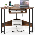 GOFLAME Corner Desk Triangle Computer Desk with Keyboard Tray &amp Storage Shelf Home Office Desk with Built-in Power Outlet Industrial Writing Desk Heavy-duty Space-saving PC Laptop Desk Worksta
