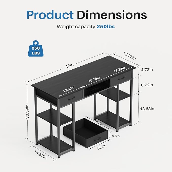 OLIXIS Desk with Storage Fabric Drawers-48 Inch Home Office Computer Desk for Small Space BedroomModern Study Work Gaming Writing Table PC DesksChic Black