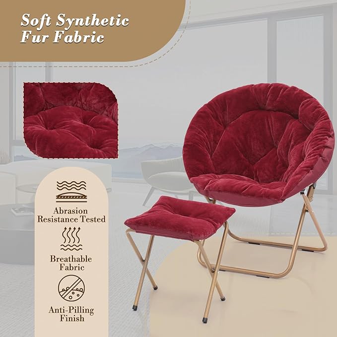 Athena Collection Round Saucer Chair with Ottoman Set of 2 for Adults Oversize Comfy Cozy Faux Fur Folding Reading Chair with Metal Leg Lazy Relaxing for Living Room Bedroom Dorm Apartment Red