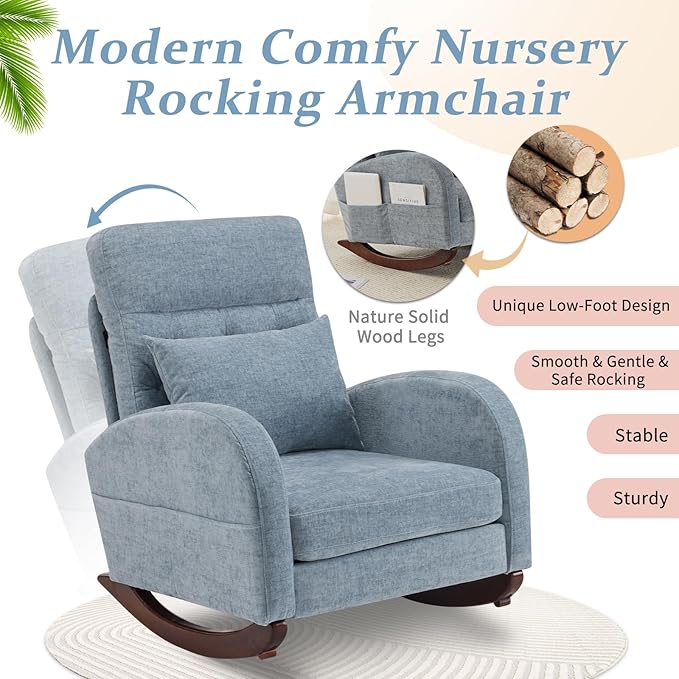 VINGLI Chenille Low Seat Nursery Rocking ChairUpholstered Comfy Rocker Glider Chair with Side Pockets Accent Arm Chair with High BackrestSolid Wood Base for Living Room Bedroom BalconyBlue