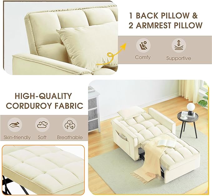 3 In 1 Velvet Convertible Sofa Bed Pull Out Couch Bed with Reclining Backrest And 2 Pillows 54 Full Size Loveseat Sleeper Sofa Futon Couch Bed Couches For Small Spaces Living Room (Cream White)