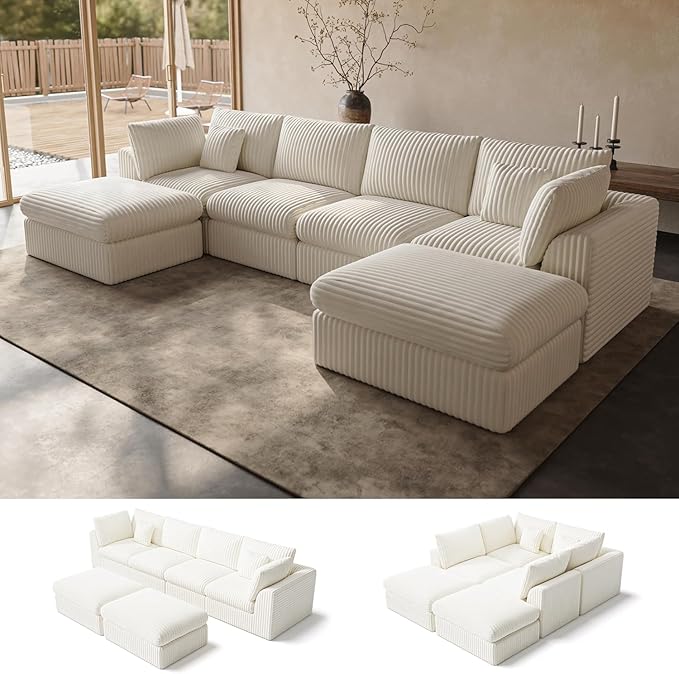 148” Cloud Sectional Couches Boneless Modular Sofa with Ottomans for Living Room Deep Seat Chenille Sectional Sofa for Apartment Warm White