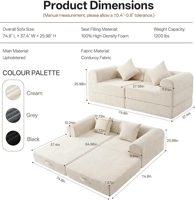 74.8’’ Boneless Modular Convertible Sofa Bed Fold-Out Floor Couch Loveseat All-Foam Futon Mattress Couch Corduroy Sleeper Sofa for Living Room &amp Small Spaces No Assembly Required Beige