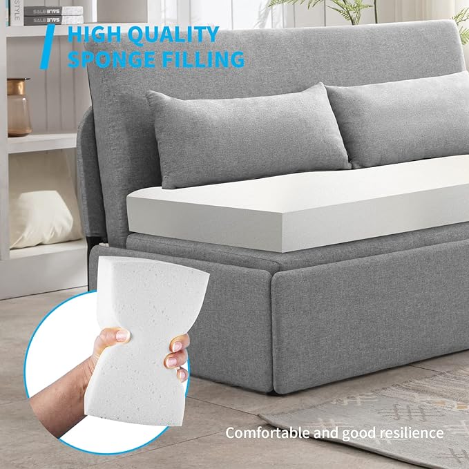Mjkone 62 Width Pull Out Sleeper Sofa Bed Queen Size 2-in-1 Modern Convertible Linen Sofa Sleeper Pull Out Couch Bed with Cushions &amp Throw Pillows for Living Room Home Office Small Place Light