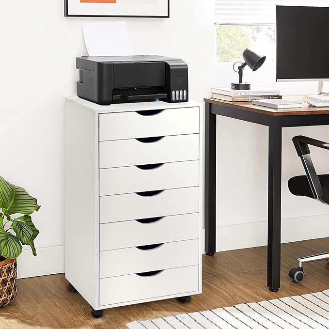 TUSY 7 Drawer Storage Organizer on Wheels Mobile File Cabinet with Locking Casters Tall Chest of Drawers for Home Office White Rolling Storage Drawers for Office Supplies
