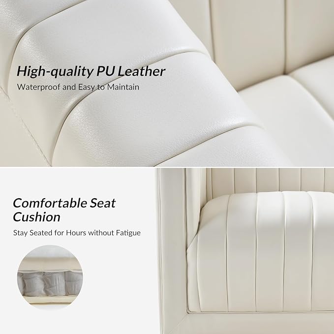 HULALA Home Faux Leather Swivel Accent Chair Set of 2 Boxy Silhouette Chair with Striped Arm Leather Barrel Chair with Herringbone Pattern(Ivory)