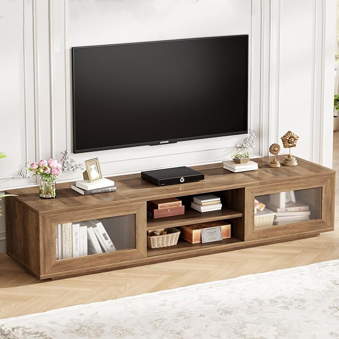 HSH 70 inch TV Stand for 75 TVEntertainment Center for Living Room Under TV Storage CabinetLow Modern TV Media Console Wood with Sliding Doors for BedroomRustic Oak