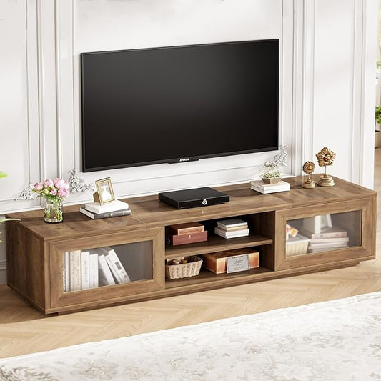 HSH 70 inch TV Stand for 75 TVEntertainment Center for Living Room Under TV Storage CabinetLow Modern TV Media Console Wood with Sliding Doors for BedroomRustic Oak