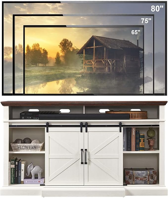 Farmhouse TV Stand for 80 Inch TVs 37.4Tall Entertainment Center w/Storage Cabinets and Sliding Barn Door Media Console Cabinet w/Soundbar &amp Adjustable Shelves for Living Room 70 inch (White)