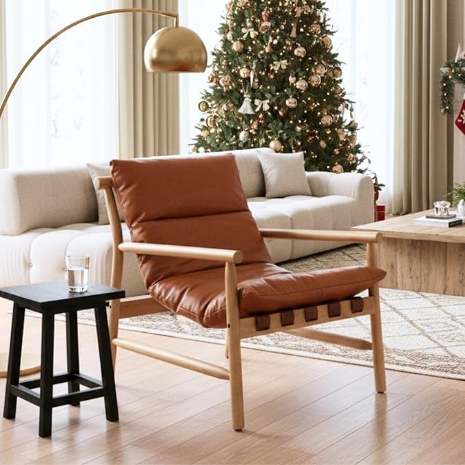 Modern Faux Leather Accent Chair Solid Wood Lounge Chair with Removable Cushion Low Back Reading Chair for Living Room/Bedroom/Balcony Brown Sofa Armchair (Easy Assembly)