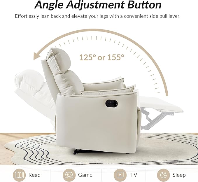 HULALA HOME Faux Leather Oversized Recliner Chair Manual Pushback Recliner with Extra Wide Seat and Thick Padded Backrest for Living Room Ivory