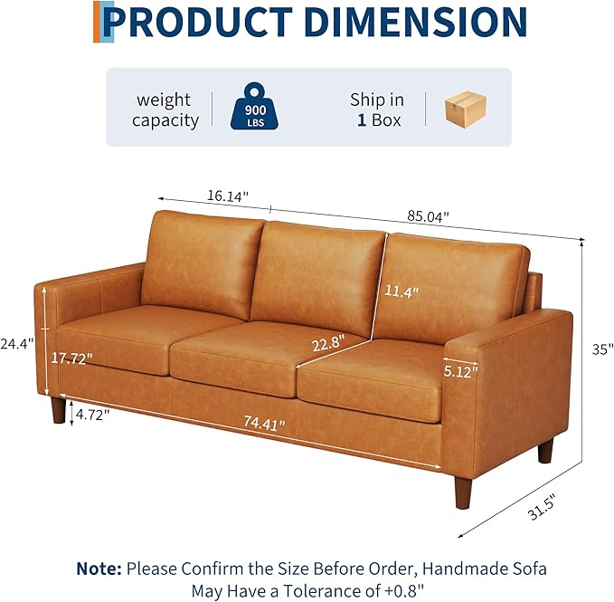 GarveeHome Pu Leather Sofa 85 Mid-Century Modern Couch 3-Seater Sofa with Wide Armrests and Comfy Cushions Deep Seat Leather Couch for Living Room Bedroom Office