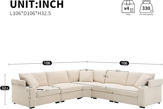 Merax 106 Corduroy Sectional Corner Sofa with Cup Holders &amp USB Charger 5 Seat Convertible L Shaped Couch Set with Armrest Storage Oversized Comfy Modular Sofabed for Living Room &amp Apartmen