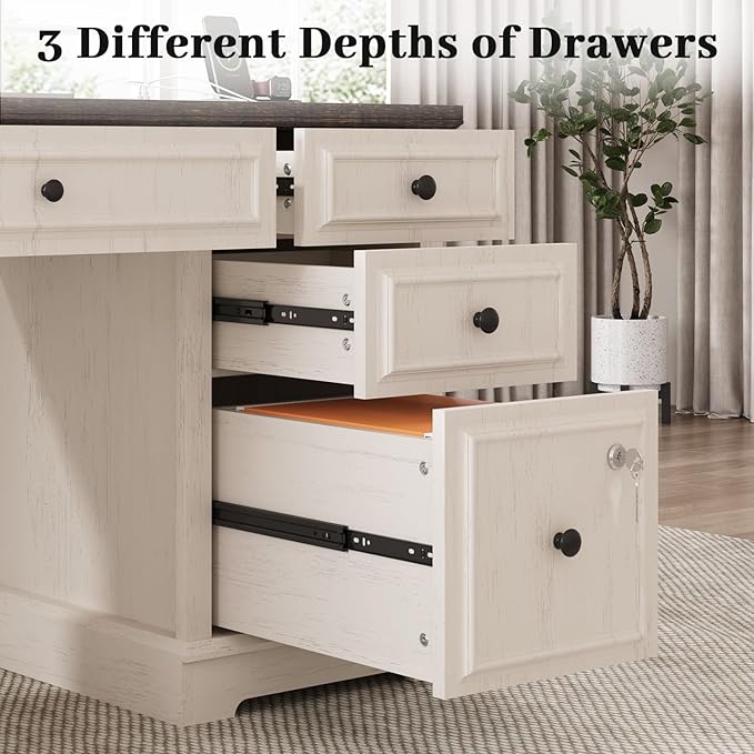 Vipbear 59 Farmhouse Executive Desk with Drawers Wood Home Office Computer Desk Featuring Lockable File Drawer Storage Cabinet &amp Power Outlet Storage Cabinet for Work Study Writing (White)