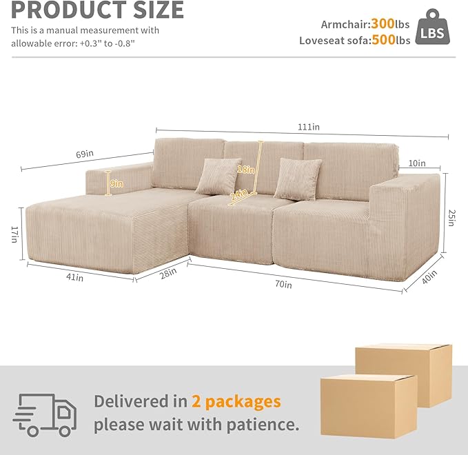 111 Boneless Couches for Living Room 3-Piece Cloud Couch Modular Sectional Deep Seat Compressed Couches for Living Room Bedroom Plush Corduroy Fabric No Assembly Required Khaki