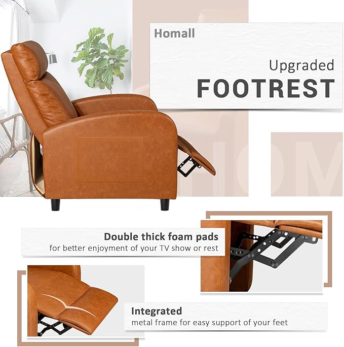 Homall Recliner Chair Recliner Sofa PU Leather for Adults Recliners Home Theater Seating with Lumbar Support Reclining Sofa Chair for Living Room (Khaki Leather)