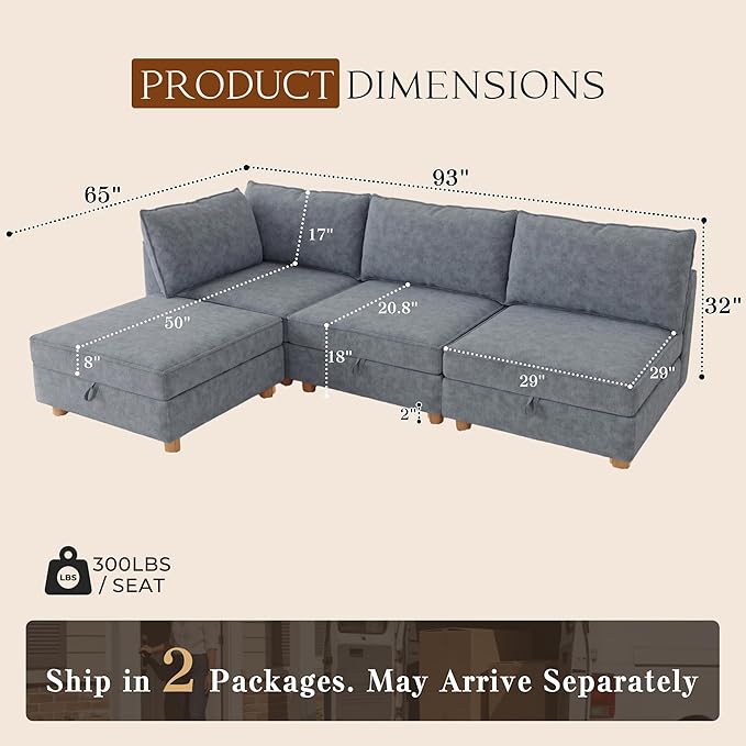 93'' Modular Sectional SofaFSC Certified 4 Seater Sectional SofaChenille Couch with Removable Washable CoversModern Couch with OttomanU Shaped Couch with StorageBeige Couches for Living Room