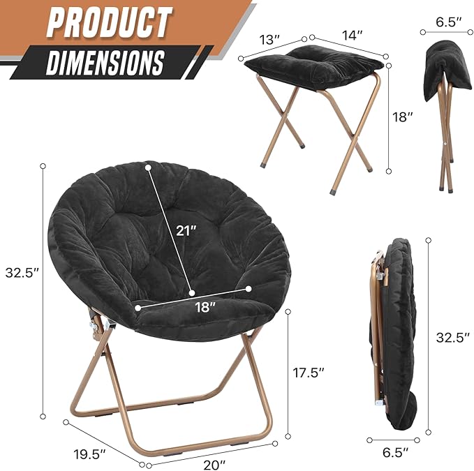 Foldable Oversized Moon Chair with Footrest Large Faux Fur Round Saucer Moon Chair with Folding Footrest Stool for Teens and Adults