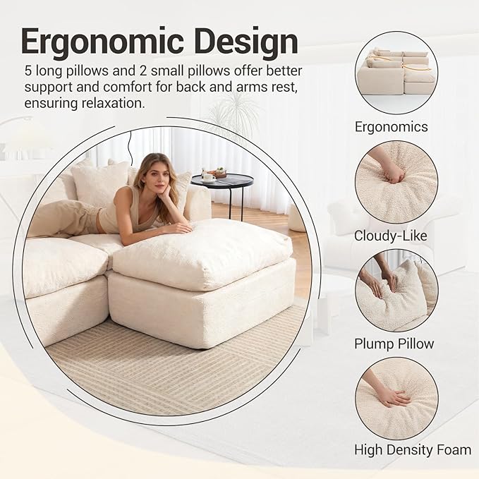 113'' Cloud Boneless Sofa Couches for Living Room with Deep Seat Modular Sectional Sofa with Ottoman for Living Room Bedroom No Assembly Beige