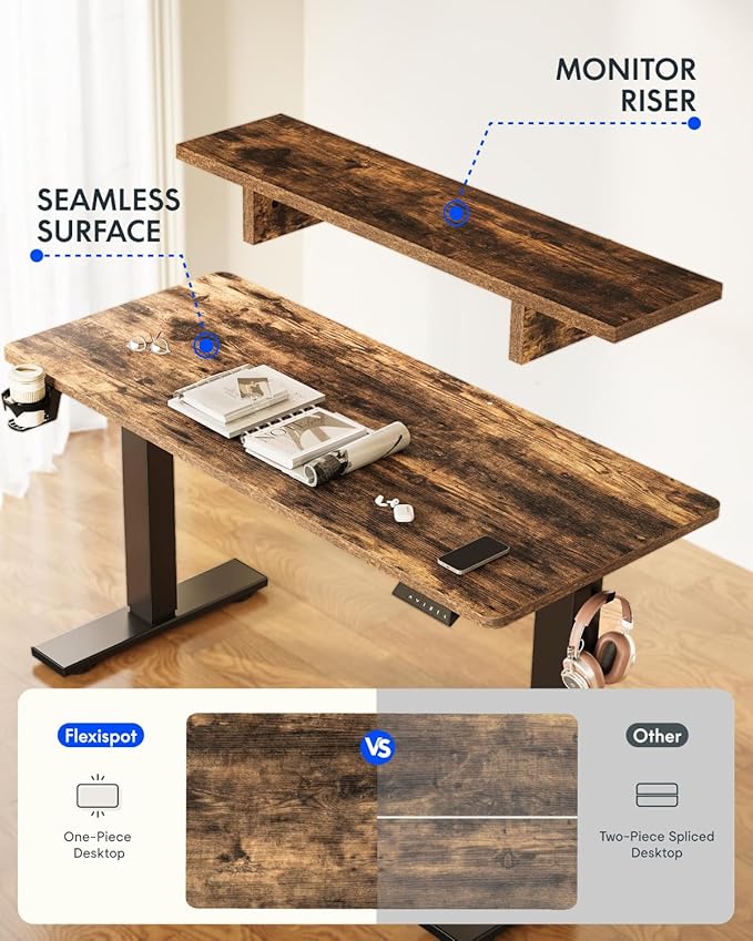 FLEXISPOT Standing Desk with Monitor Stand 48 x 24 Inches One-Piece Electric Height Adjustable Computer Desk with Cup Holder for Home Office Rustic