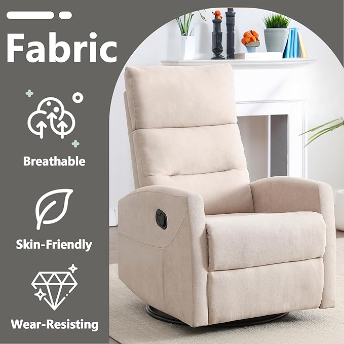 Slim Lazy Boy Recliners for for Adults Swivel Rocking Chair Recliner with High Back Small Recliner Chair for Small Spaces Manual Reclining Chair for Living Room Adjustable Footrest (Beige)