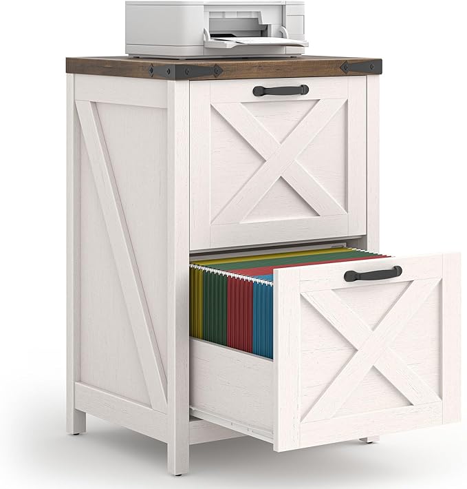 2 Drawer Small File Cabinet Farmhouse Vertical Filing Cabinet Fits Letter and A4 Size Under Desk Wooden File Cabinets for Home Office Printer Stand Rustic White