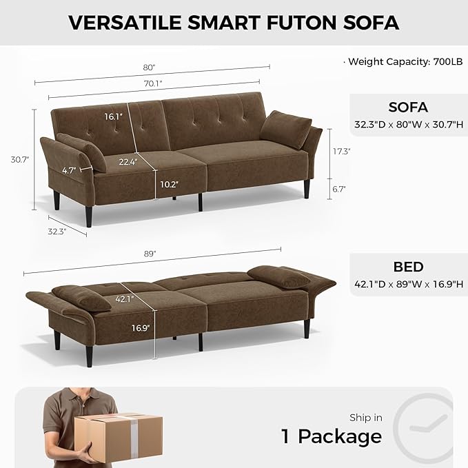 89” Futon Sofa Bed Comfy Futon Couch Bed with 2 Square Pillows Convertible Sleeper Sofa with Adjustable Backrest&amp Armrests Modern Loveseat Sleeper for Living RoomVelvet Fabric Brown