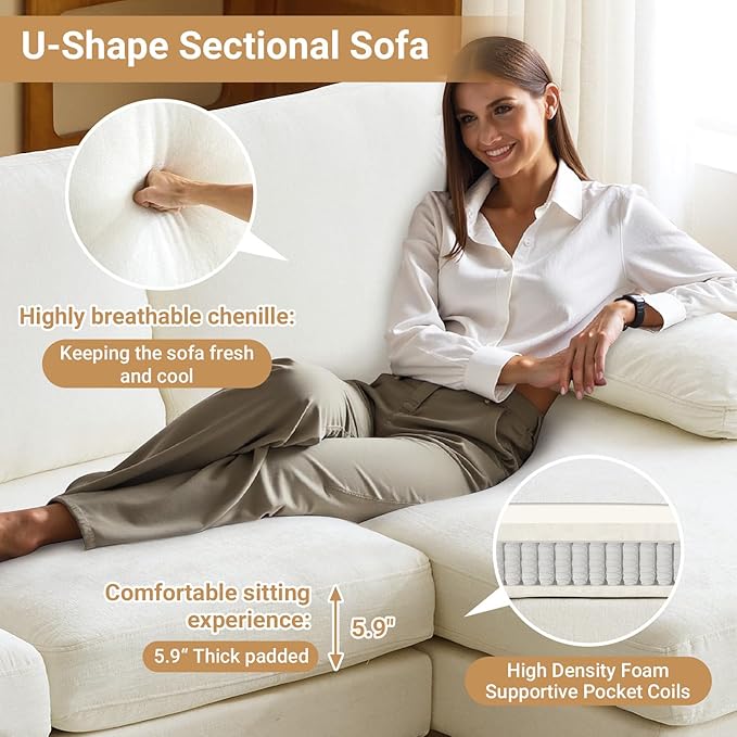 VINGLI 110 Sectional Couches for Living RoomU Shaped Couch with Double Chaise 4-Seat Sofa Set with Chenille Fabric for Home FurnitureBeige