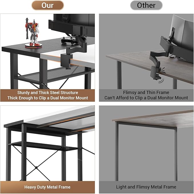 Armocity Computer Desk with LED Lights 55 Inch Desk with Power Outlet and USB Reversible Large Desk with Moveable Monitor Stand 55.2'' Gaming PC Table for Home Office Workstation White and Black