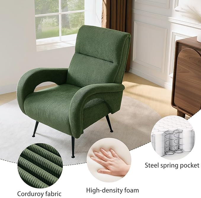 Corduroy Accent Chairs for Living Room Tufted High Back Reading Chairs for Bedroom Mid-Modern Comfy Upholstered Armchairs for Bedroom Reading Nook Apartment Forest Green