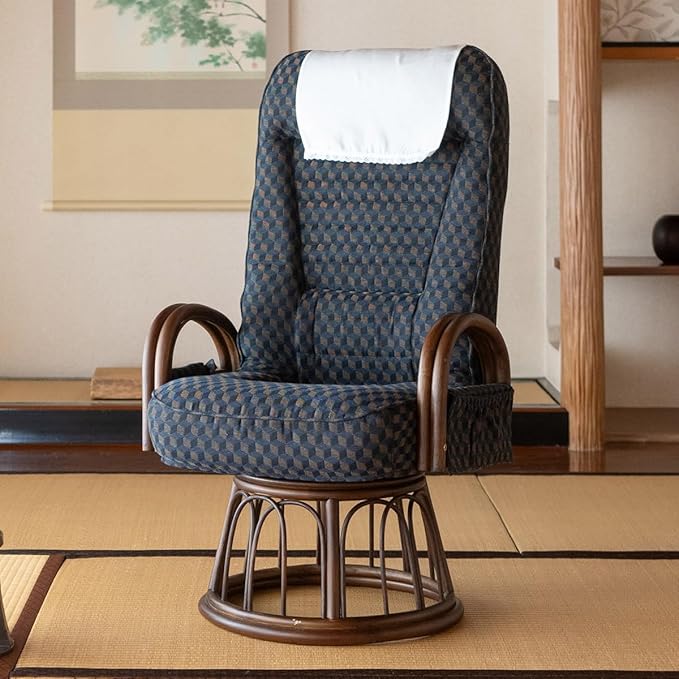 EMOOR Tatami Chair Japanese-Style Swivel Chair RYOKAN (Navy) Natural Rattan Armrest Recliner Living Room Upholstered Single Futon Sofa