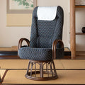 EMOOR Tatami Chair Japanese-Style Swivel Chair RYOKAN (Navy) Natural Rattan Armrest Recliner Living Room Upholstered Single Futon Sofa