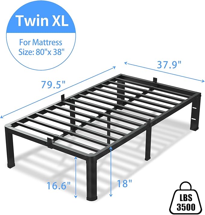 18 Inch Twin XL Bed Frame 3500Lbs Heavy Duty Metal Platform with Round Corner Legs Mattress Slide Stopper Steel Slat Support No Box Spring Needed Noise Free Non-Slip Easy Assembly