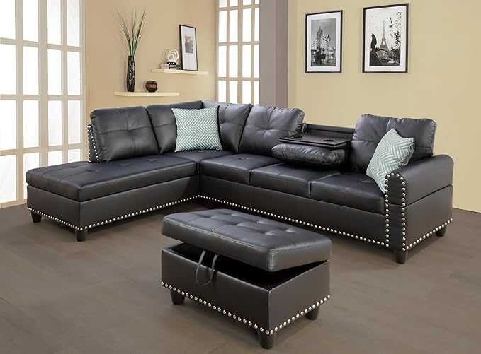 Wakefit Sectional Sofa Couch Modern 4-Seaters Living Room Furniture Sets with Chaise Lounge Ottoman &amp 2 Pillows | L Shape Couch | Cup Holder | Faux PU Leather Black