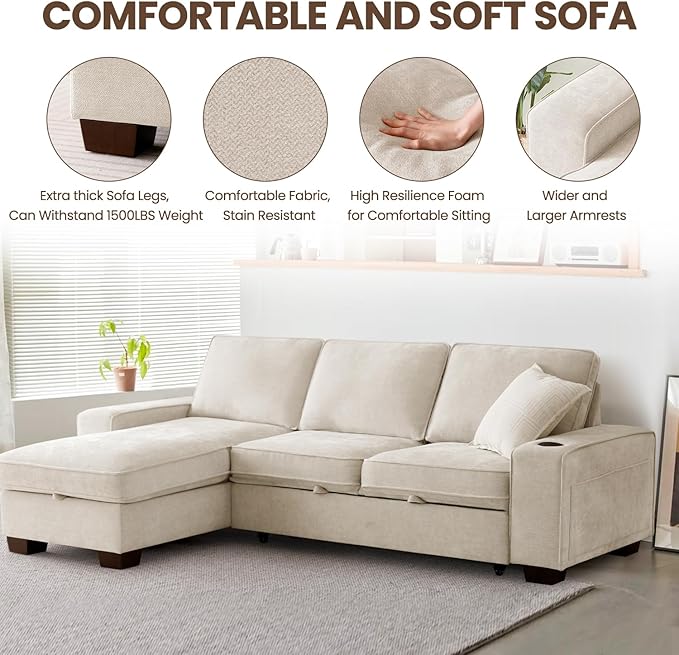 ASHOMELI 99 Convertible Sleeper Sofa BedL Shaped with Storage Chaise Pull Out Couch for Living RoomUSB and Type-CRemovable Washable Chenille Covers (Beige)