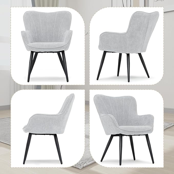 Athena Collection Accent Chair Set of 2 Modern Comfy Armchair Upholstered Vanity Chair with High Curved Back and Metal Leg Shell Shaped Single Sofa Reading Chair for Bedroom Living Room Lava Gray
