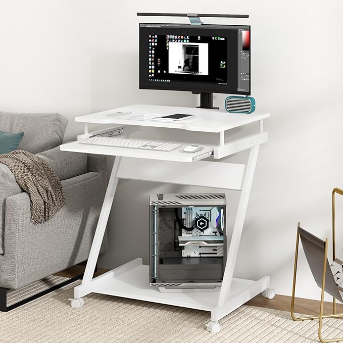 Need Rolling Computer Desk Mobile Desk Laptop Stand Desk with Sliding Keyboard for Home Office23.6 Inches White DX-8110WT-ND