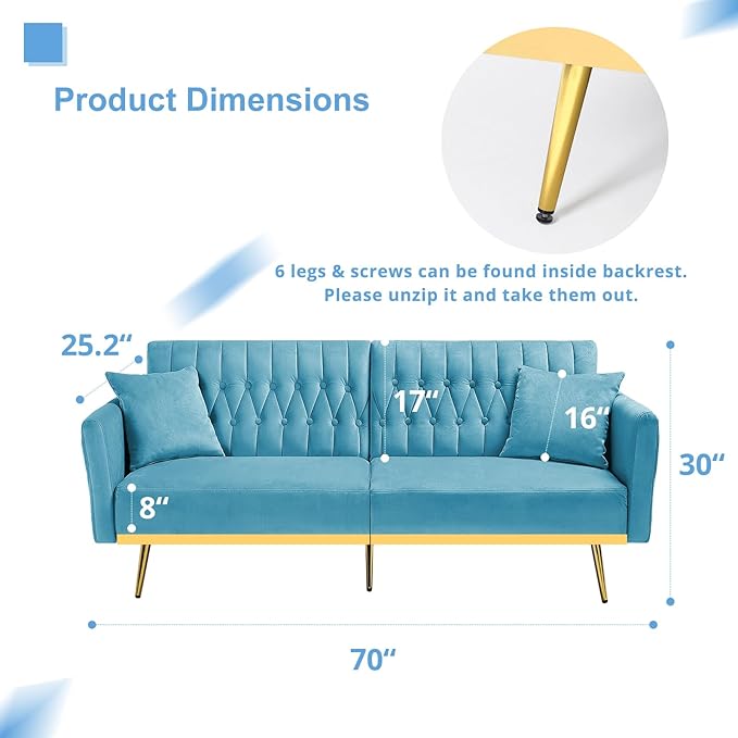 70” Velvet Futon Sofa Bed with 2 Pillows and Adjustable Armrests Convertible Sleeper Bed W/Adjustable Backrests Modern Loveseat for Living Room Bedroom Baby Blue