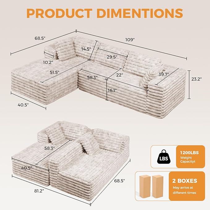 LUCKLIFE 105” Sectional Boneless Couch Modular Cloud Corduroy Fabric Sofa for Living Room Bedroom with Deep Seat Wide Arms and High-Density Foam No Assembly (GB L Shape with Left Facing Chaise)