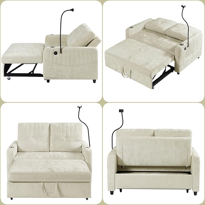 Merax Chenille 3-in-1 Pull Out Sleeper Sofa Bed Couch 54 Convertible Futon Loveseat with Adjustable Backrest 2 Cup Holders Phone Stand 3 Charging Ports and Storage Pockets for Living Room Beige