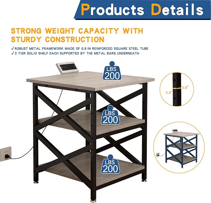 Large Printer Stand with Power Outlet with Height Adjustable Storage Shelf 3 Tier Rolling Printer Cart with Industrial Wheels 23.6 x 23.6 Inches Printer Table for Home Office Greige