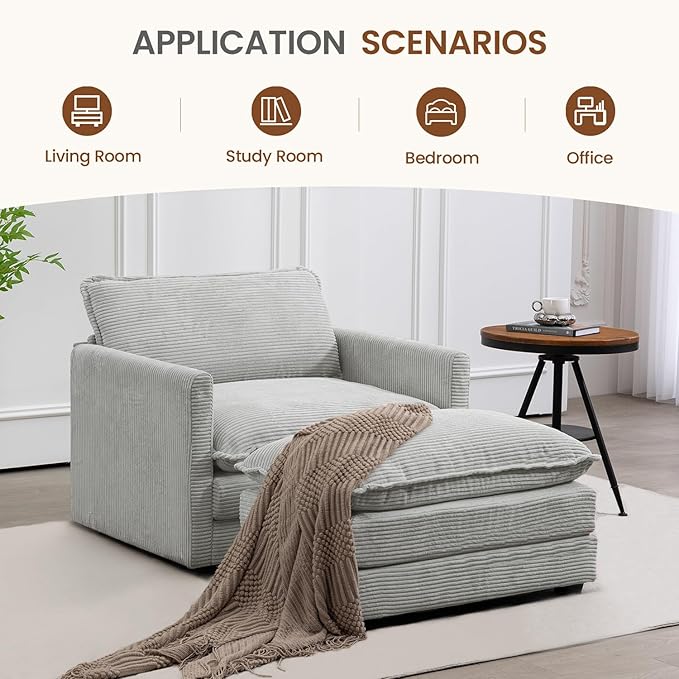 ROWHY Single Armchair with Ottoman Modern Corduroy Cloud Couch with Convertible Chaise Upholstered Sofa Set for Living Room Light Grey