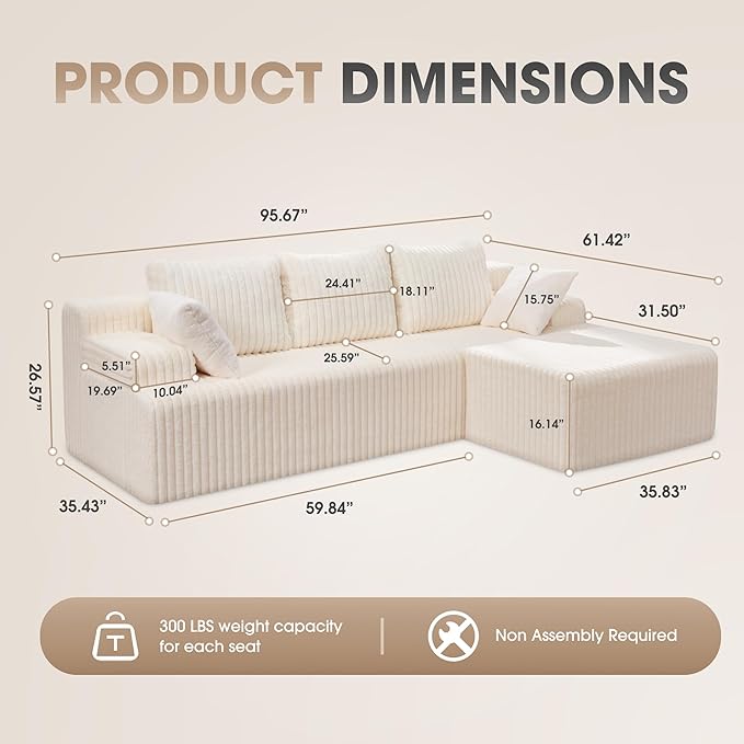 Modular Sectional Sofa Couches L-Shape Couch 3 Seat Modular Sofa Memory Foam Sectional Couches for Living Room Cloud Couch with Oversized Chaise (White Stripe 96 Right Facing Chaise)