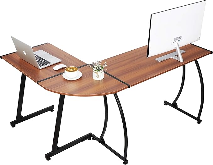 Modern L-Shaped Home Office Desk with Round Corner Computer Desk Gaming Writing PC Laptop Workstation with Solid Steel Frame Desktop (Walnut)