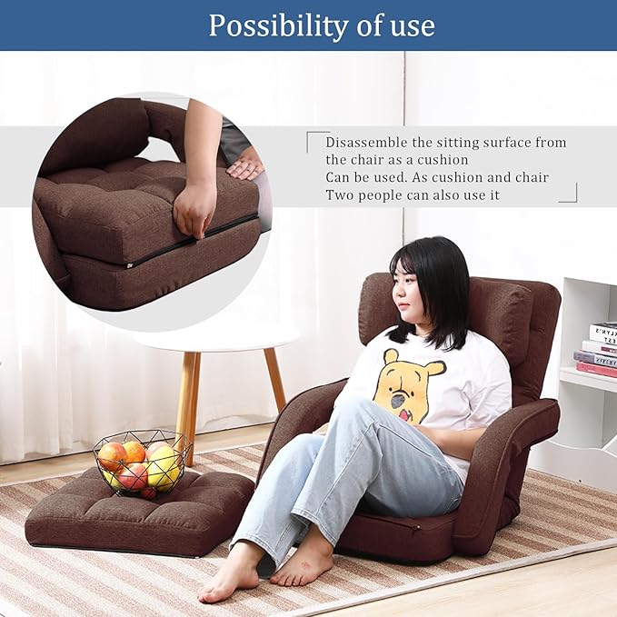 FLOGUOR 42-Position Adjustable Floor Chair Chaise Lounge Indoor Folding Lazy Sofa with Armrests and a Pillow Padded Adults Gaming Chairs for Living Room Bedroom Factory Price 8803XM (Brown)