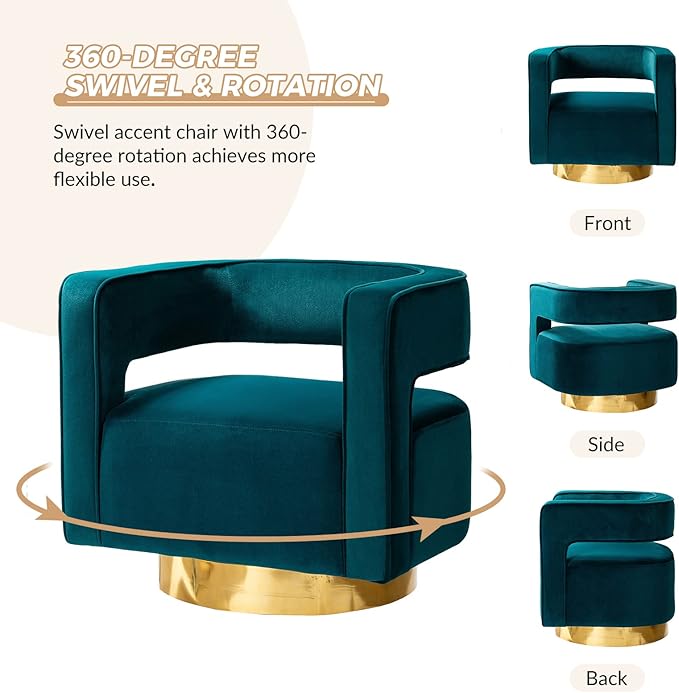 TINA'S HOME Swivel Accent Barrel Chair Modern Velvet Armchair with 3D Curved Open Back &amp Swivel Gold Metal Base Upholstered Club Chair for Living Room Bedroom Nursery Teal(No Assembly Required)