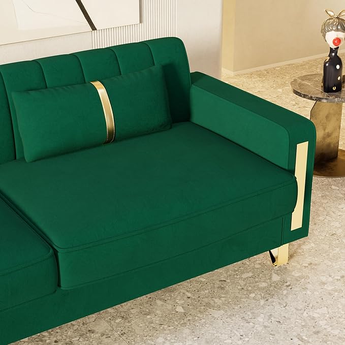 85.63 Modern Green Velvet Sofa with Gold Metal Legs Large Upholstered Comfy 3 Seater Couches for Living Room Bedroom Office (Green)