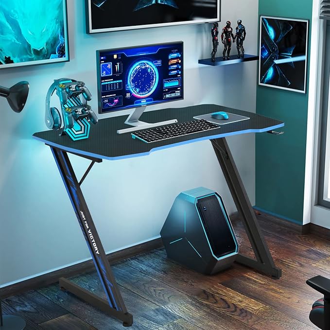 Large PC Gaming Desk 47 in Computer Desk with Headphone Hook Z-Shaped Gaming Table Home Office Desks Workstations for Small Places Carbon Fiber Surface Simple Installation Black